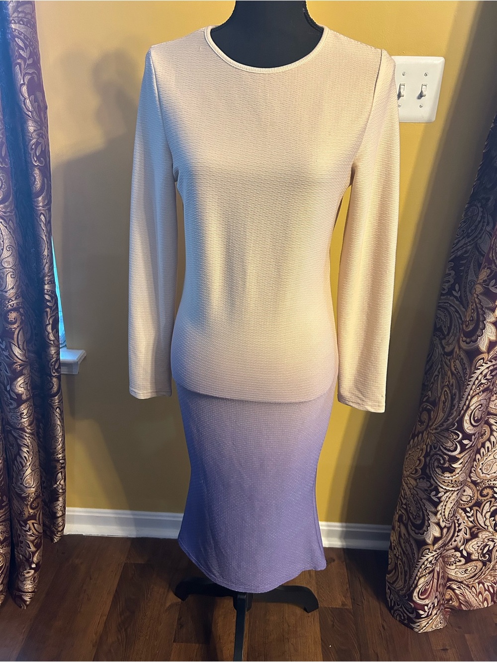 Two-Tone Knit Top and Skirt Set in Cream and Lavender